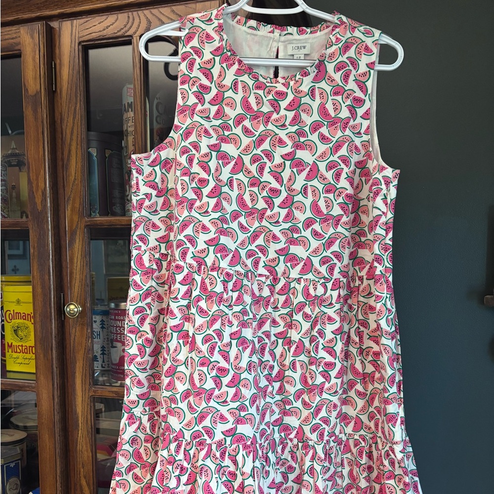 Women's J Crew Pink Watermelon Print Tiered Summer Dress Size 12